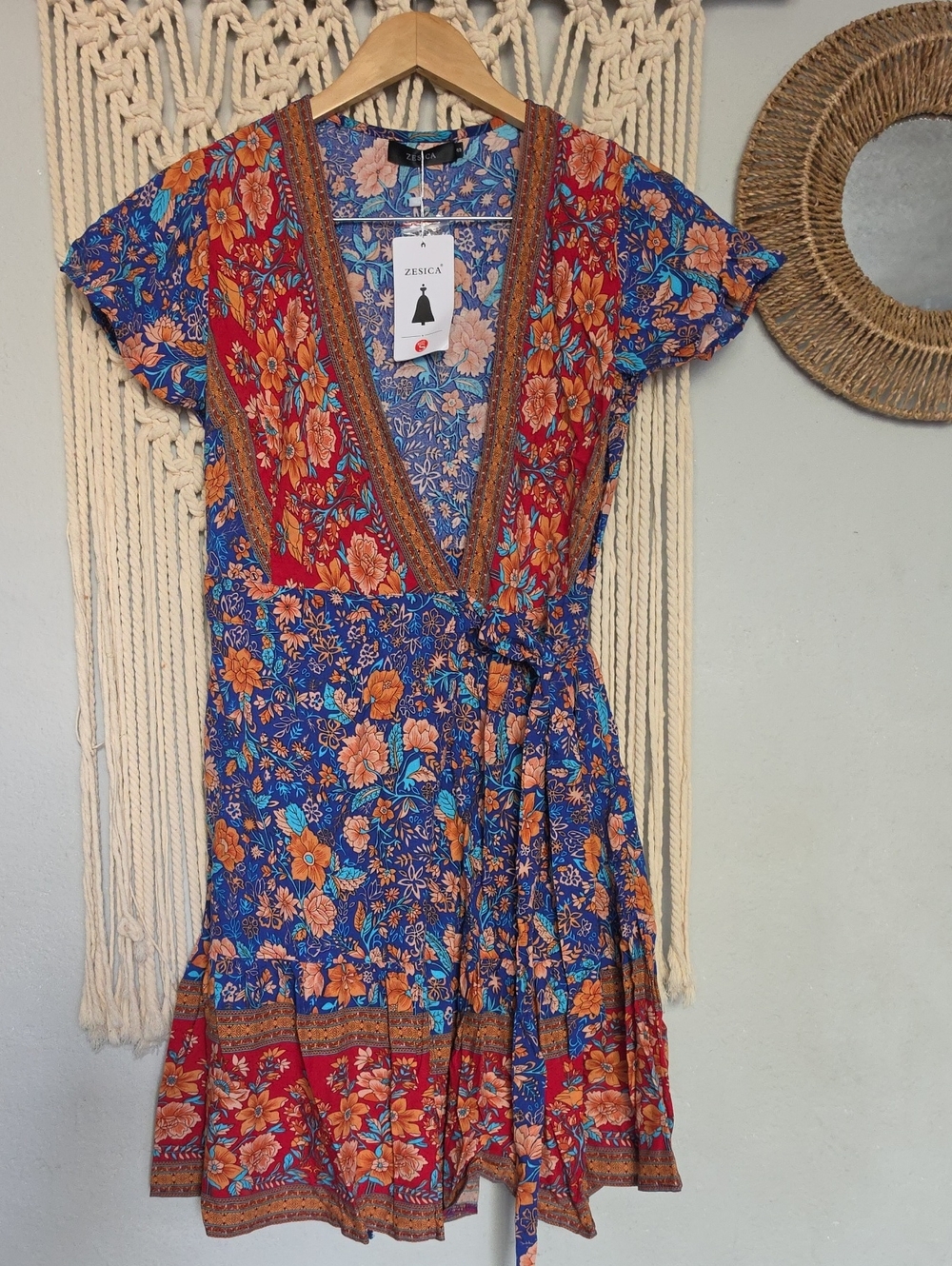 Zesica Blue Floral Wrap Mini Dress with Red Accents